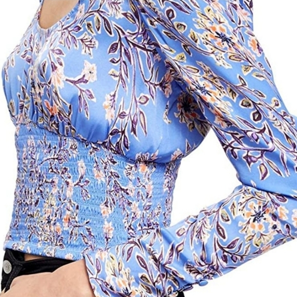 Free People Santiago Printed Top Long Sleeve puffed-shoulder cinched-waist Sz S - Picture 2 of 13